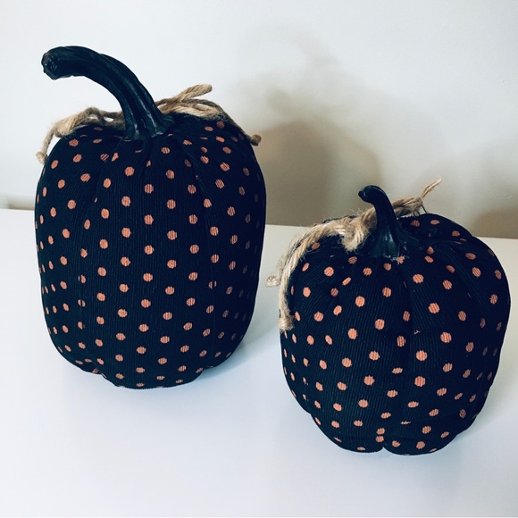 Set of 2 NEW Decorative Black & Orange Polka Dot Halloween Fall Fabric Pumpkins - Picture 12 of 14